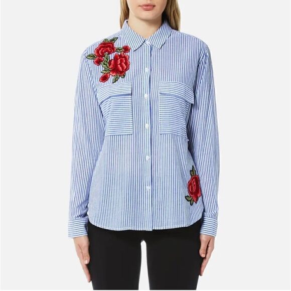 Rails | Frances Banker Stripe Button Up Long Sleeve Shirt with Floral Patches - Picture 1 of 9